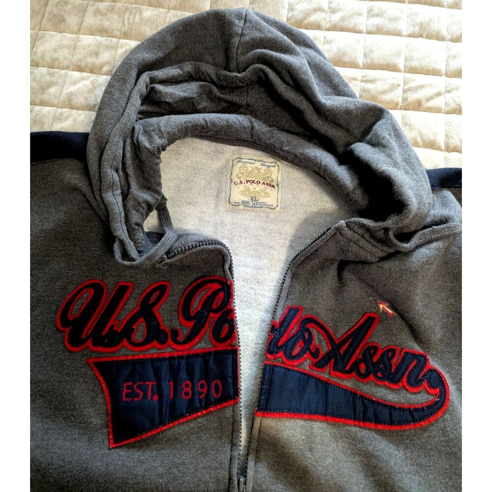 US Polo Assn Hoodie Full Zip Mens XL Gray/Black/Red Vintage Preowned - Picture 3 of 13